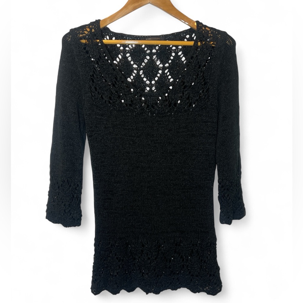 BCBG Maxazria Black AIRY Crochet Open‎ Knit Lace Bohemian Tunic Sweater Medium